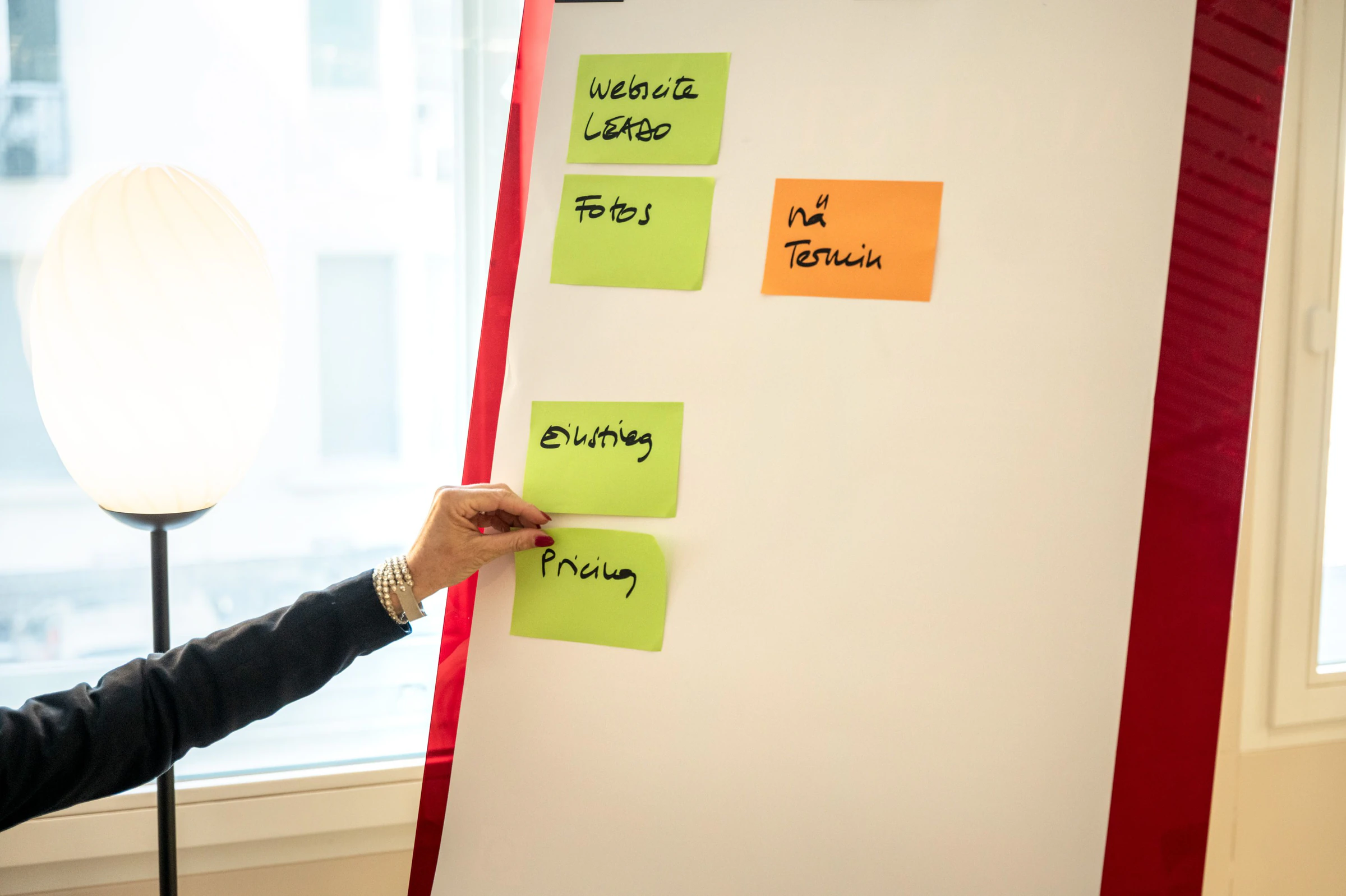 Flipchart mit Notizzetteln, eine Hand klebt einen Zettel an
