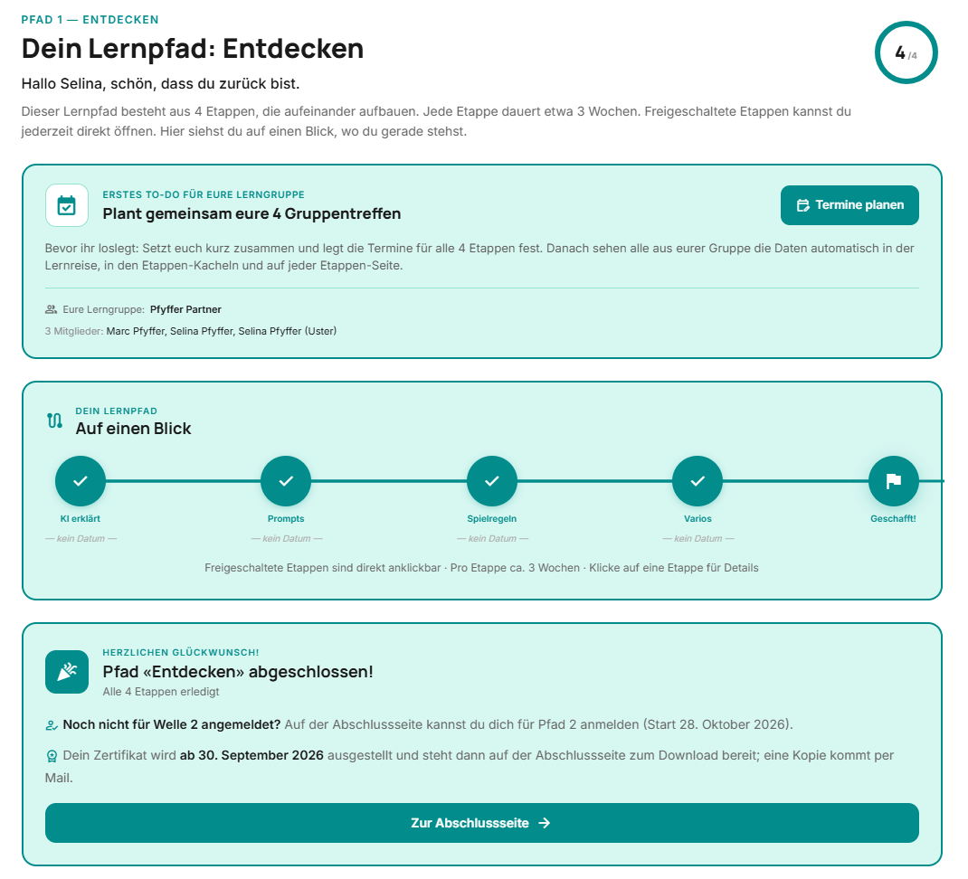 Lernportal der KI-Lernreise: Lernpfad Entdecken mit vier Etappen, Termine der Lerngruppe und Abschluss mit Zertifikat