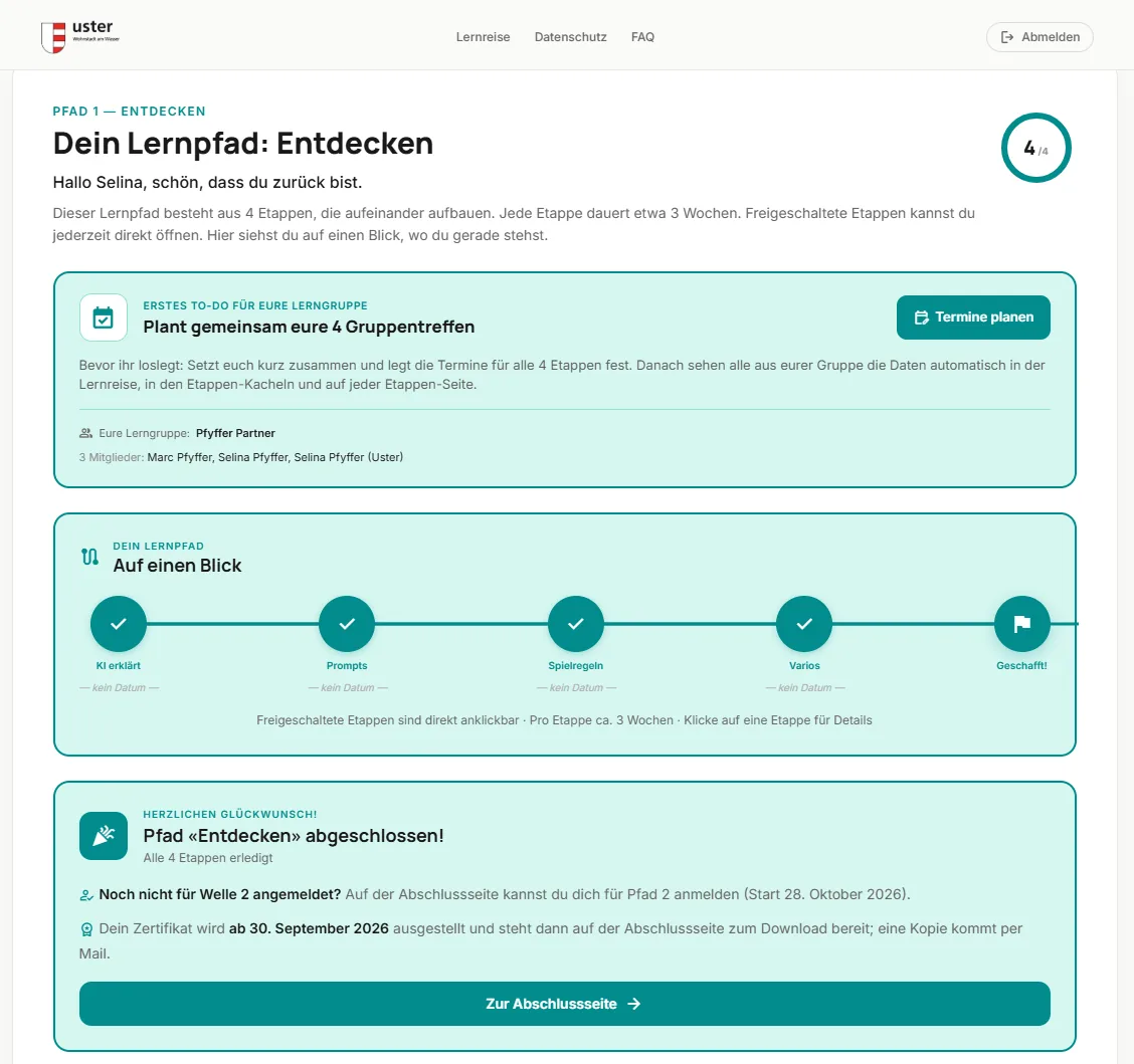 Ansicht des Lernportals: Lernpfad Entdecken mit vier Etappen, der nächsten Aufgabe der Lerngruppe und dem Abschluss